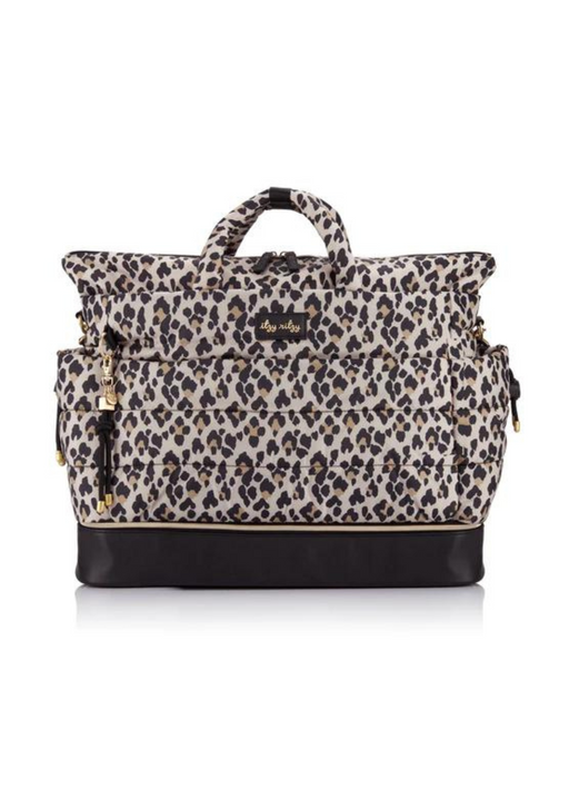 a leopard print handbag with black trim