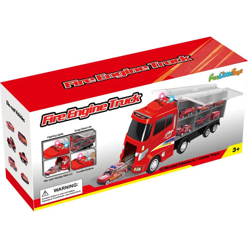 a box with a red fire truck inside of it