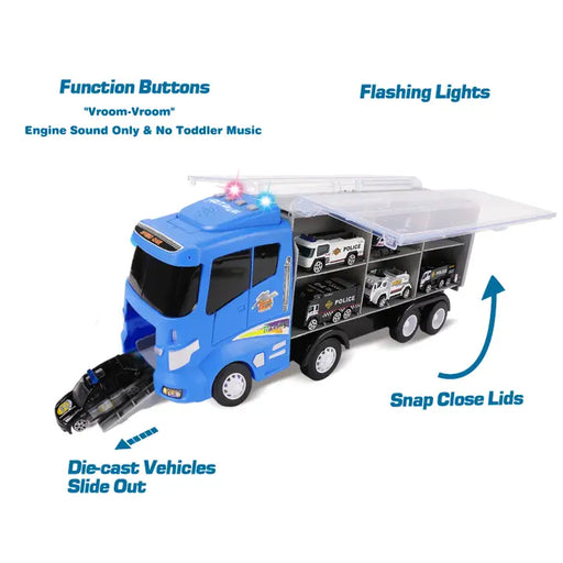 a blue toy truck with instructions on how to use it