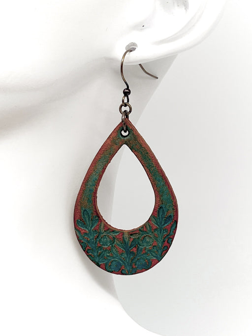 antique blue-green leather stamped earring