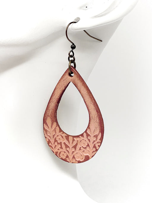 antique pink leather stamped earring