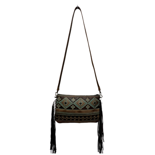 a brown and black clutch purse with fringe