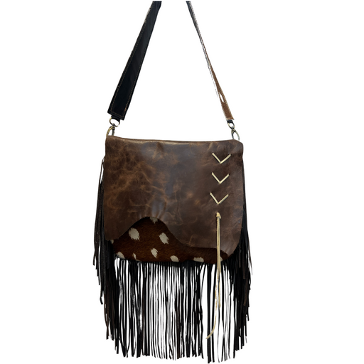 a brown and black purse with fringes on it