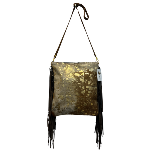 a brown and black purse hanging from a hook