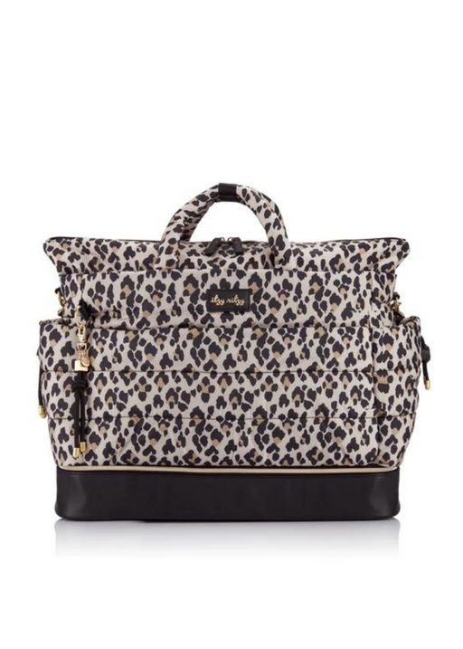a leopard print handbag with black trim