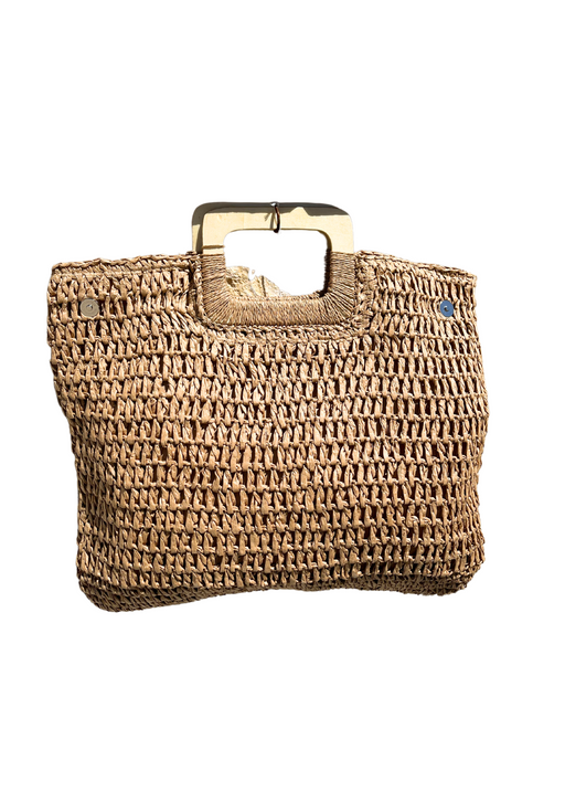 a straw bag with a wooden handle on a white background
