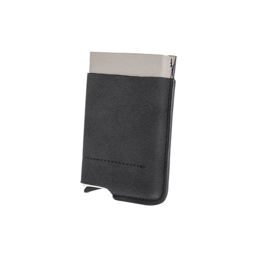 a black leather case with a white pocket