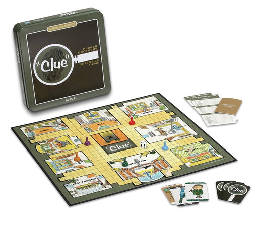 a clue board game is shown with its contents