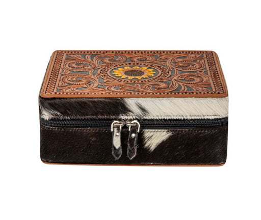 a black and white cowhide jewelry box with zipper
