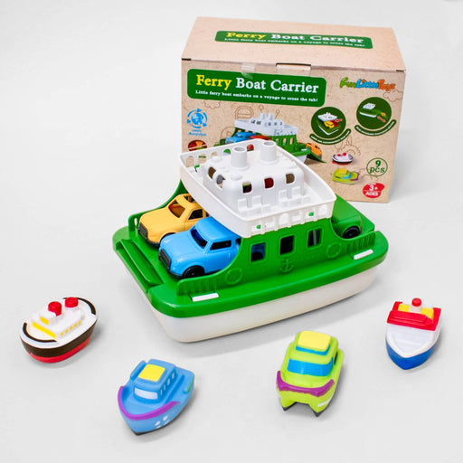 a toy boat and some other toys on a table