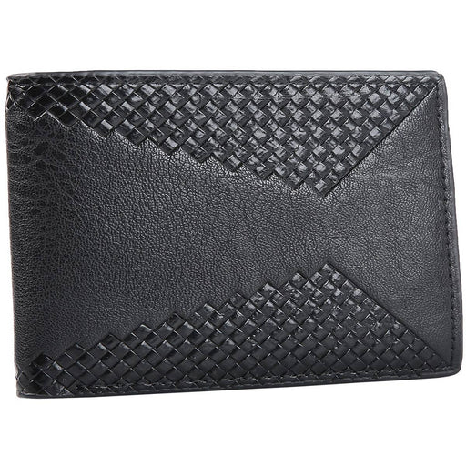 a black leather wallet with hatch weave design on a white background