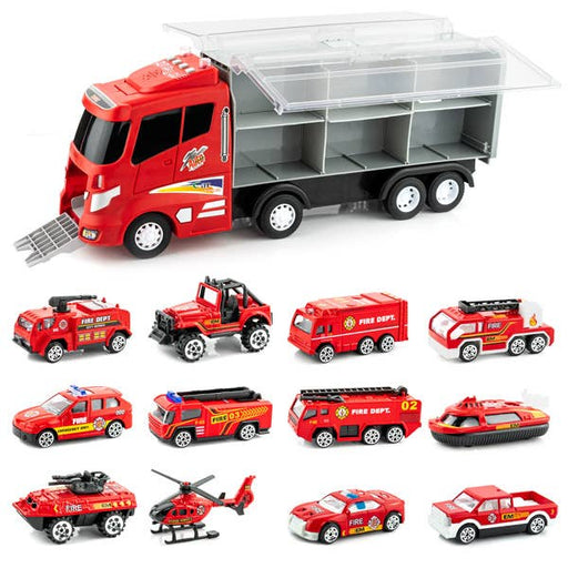 a red toy truck with lots of different vehicles