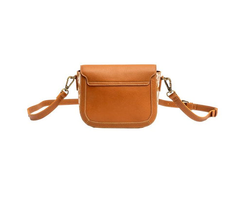 a tan leather purse with a strap