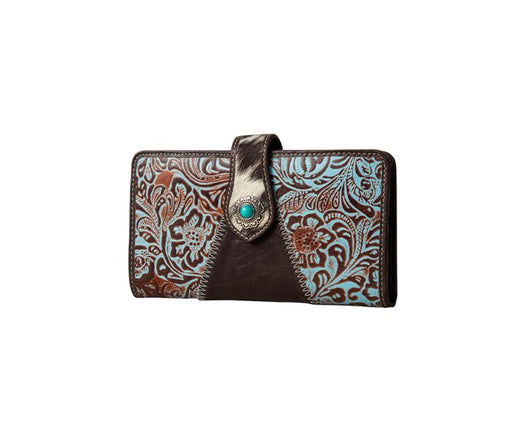 a wallet with a turquoise and brown design