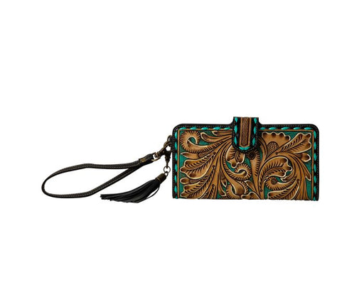 a brown and green wallet with a tassel