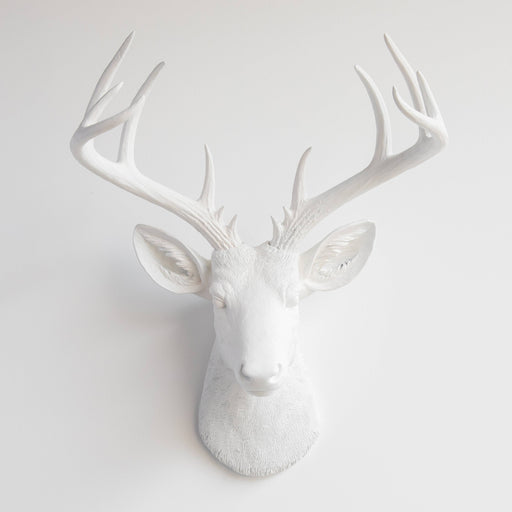a white faux deer head mounted on a wall