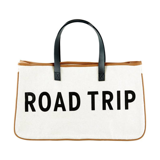 a white bag with a black handle that says road trip