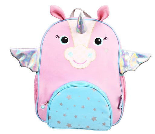 a pink child's backpack with a unicorn face on it