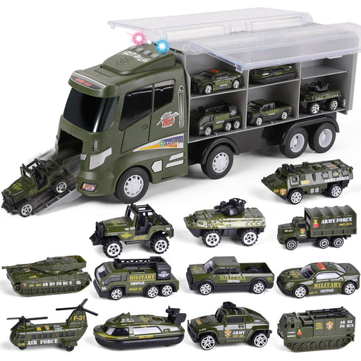 a toy truck with a bunch of vehicles in it