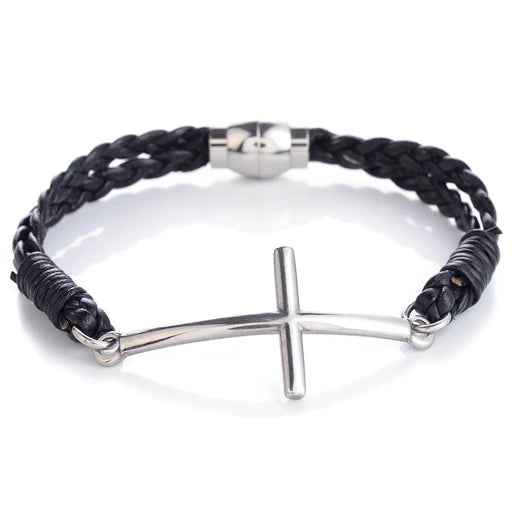a black leather bracelet with a cross on it
