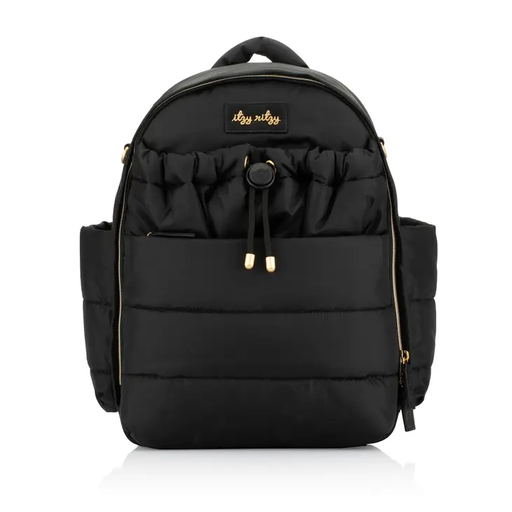 a black backpack with a zipper on the front