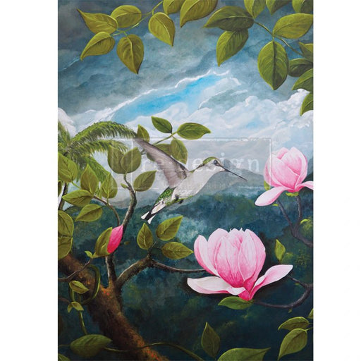 Rice paper image of bird and spring magnolias