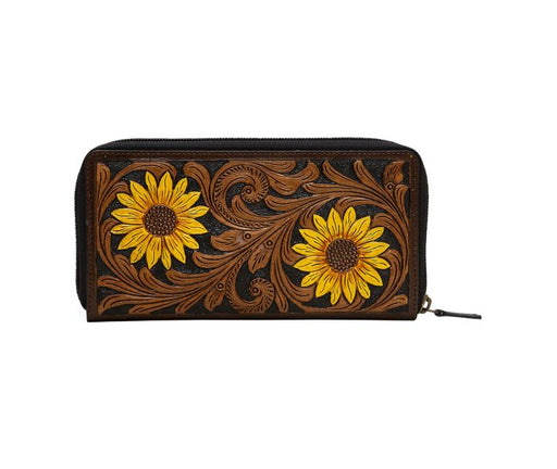 a wallet with sunflowers painted on it