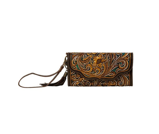 a brown wallet with a floral design on it