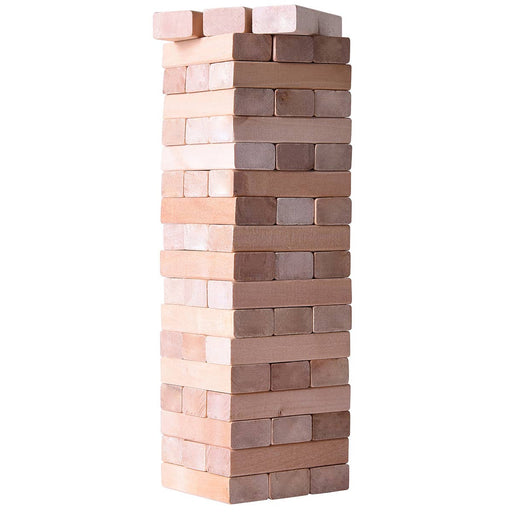 a tall wooden block tower made of bricks
