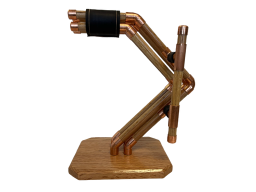a headphone stand made out of copper pipes and wood