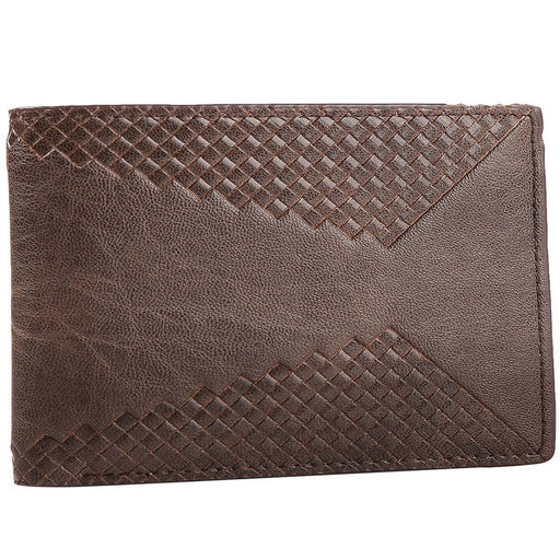 a brown leather men's wallet with hatch weave design on a white background