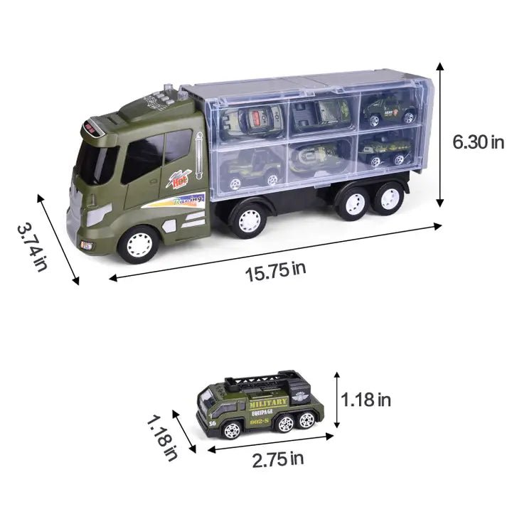 a toy truck is shown with a toy car next to it