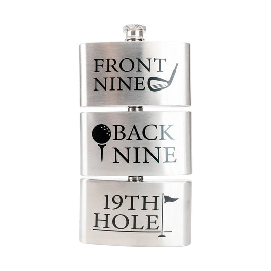 a flask flask with the words front nine and back nine and 19th hole on it