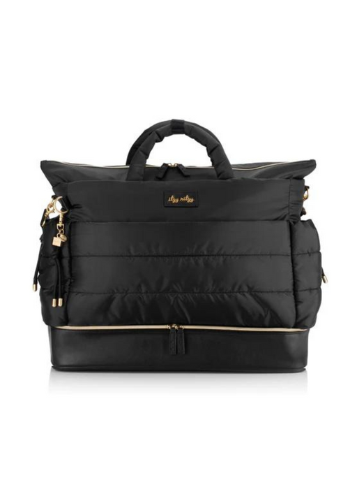 a black handbag with a gold handle
