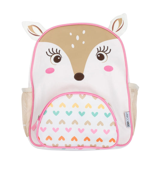 a little girl's backpack with a deer face on it