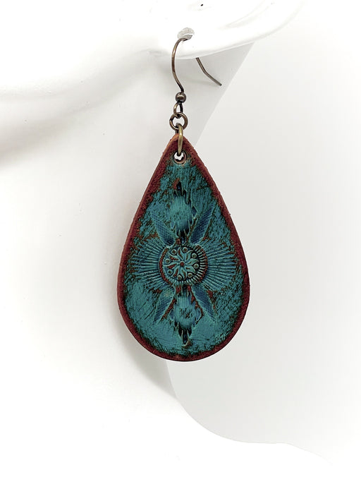 antique turquoise leather stamped earring