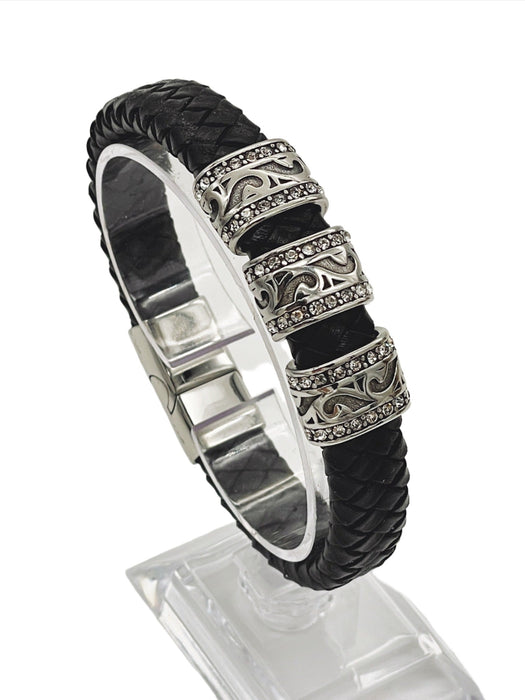 Summer Vine Braided Leather Men's Bracelet - Black - Rhinestone Scroll Design