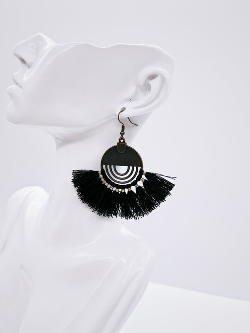 Black Fan Tassel Earrings
