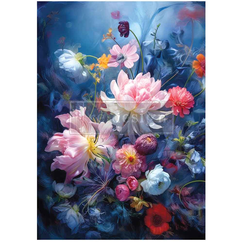 a painting of flowers on a blue background