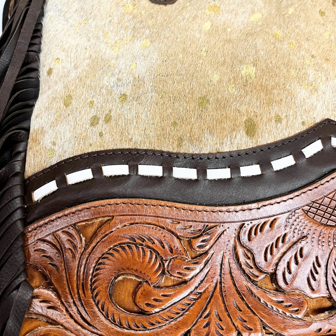 Acid Washed Cowhide Purse with Tooled Leather