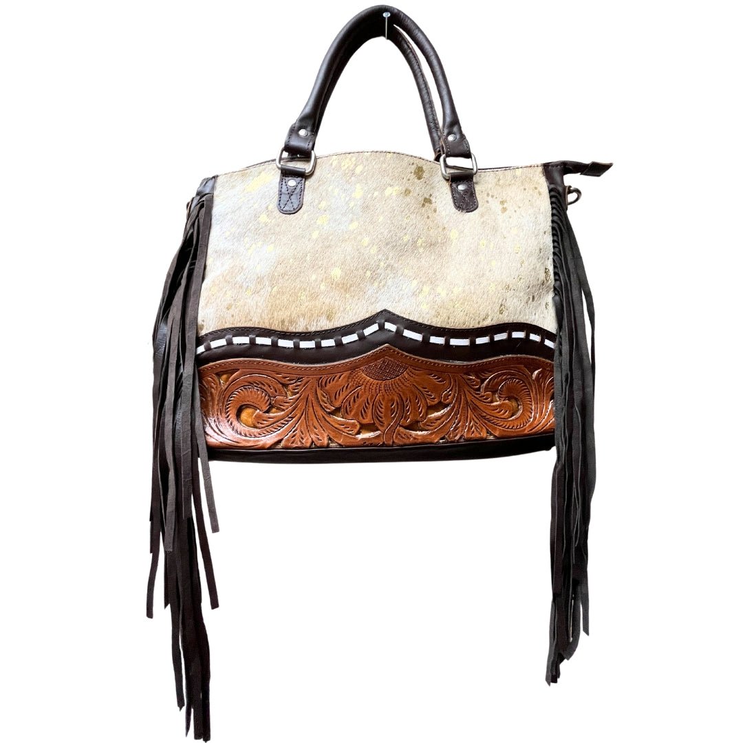 Acid Washed Cowhide Purse with Tooled Leather