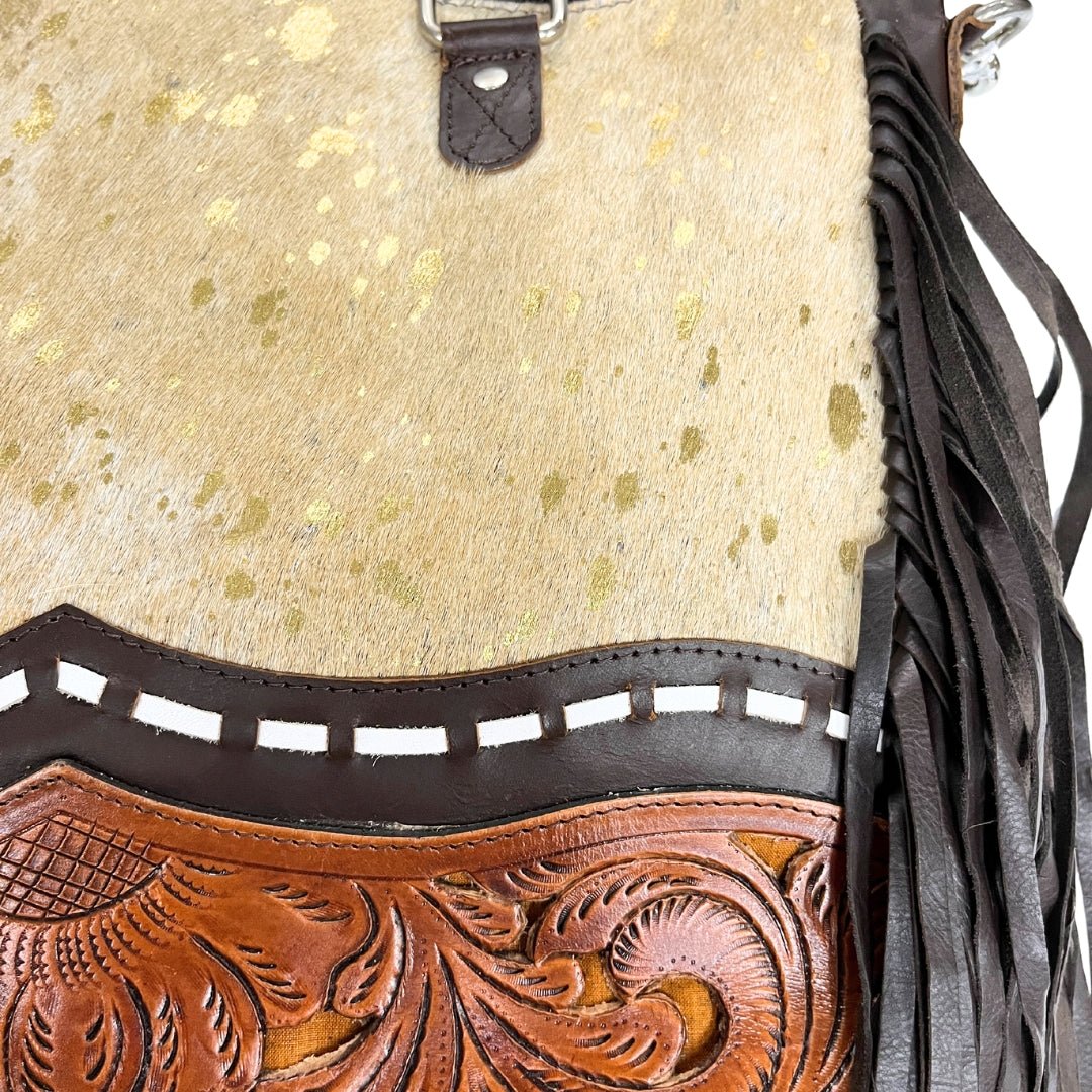 Acid Washed Cowhide Purse with Tooled Leather