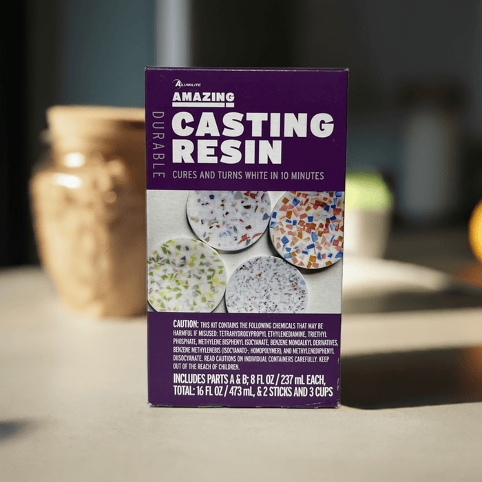 a box of Casting Resin sits on a table