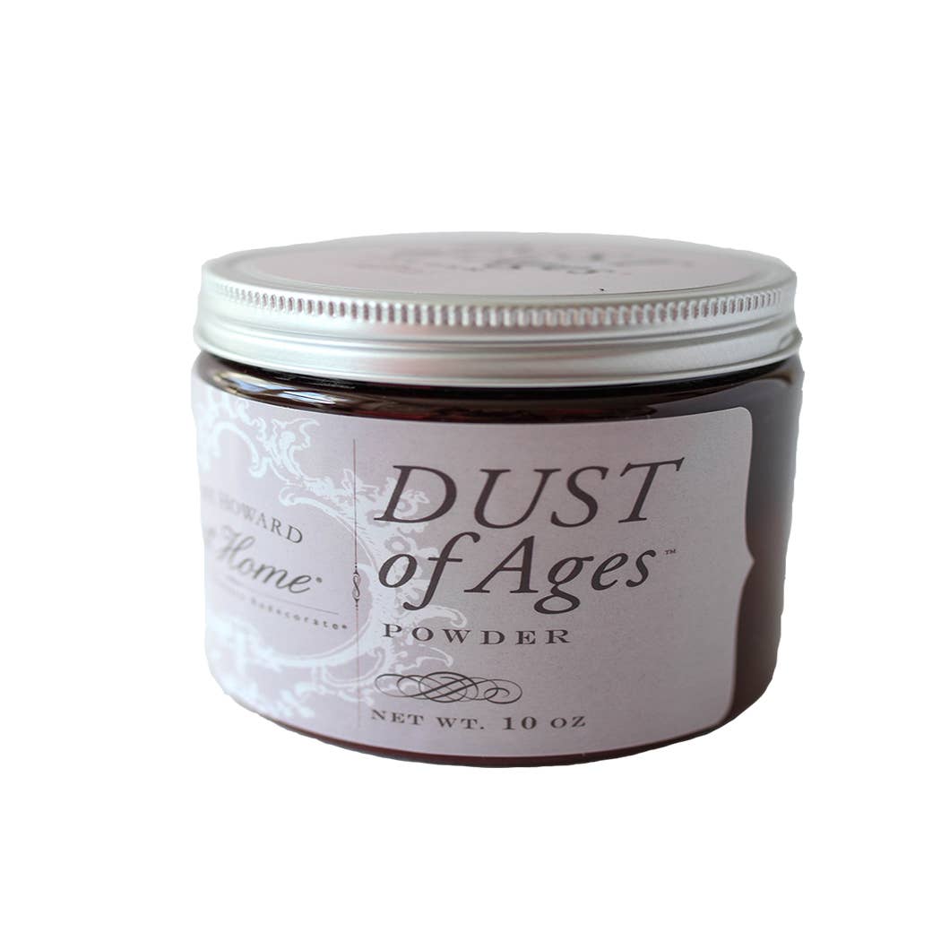 a jar of dust of ages powder on a white background