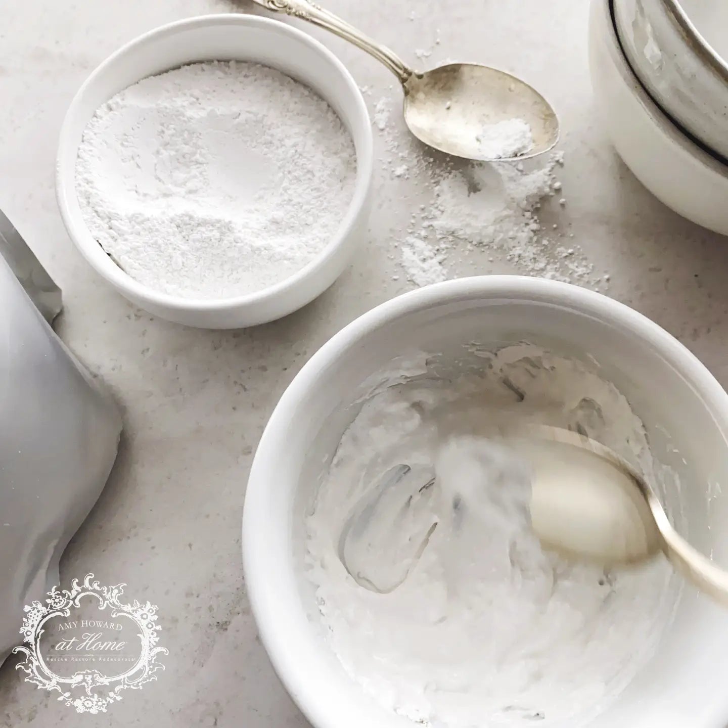 a bowl of venetian plaster with a spoon next to it