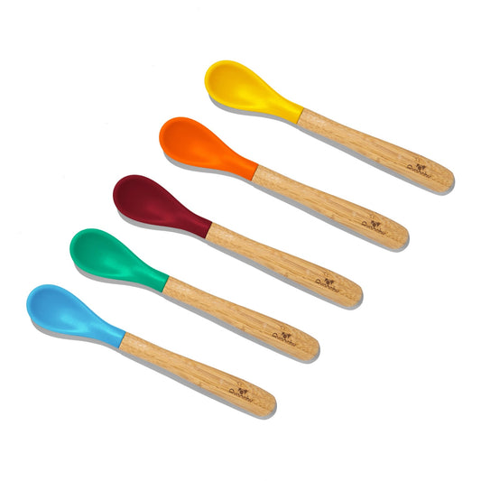 a set of four wooden spoons with silicone in blue, green, burgundy, orange and yellow