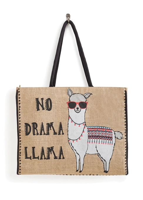 a tote bag with a picture of a llama wearing sunglasses and festive attire and the words No Drama Llama on it