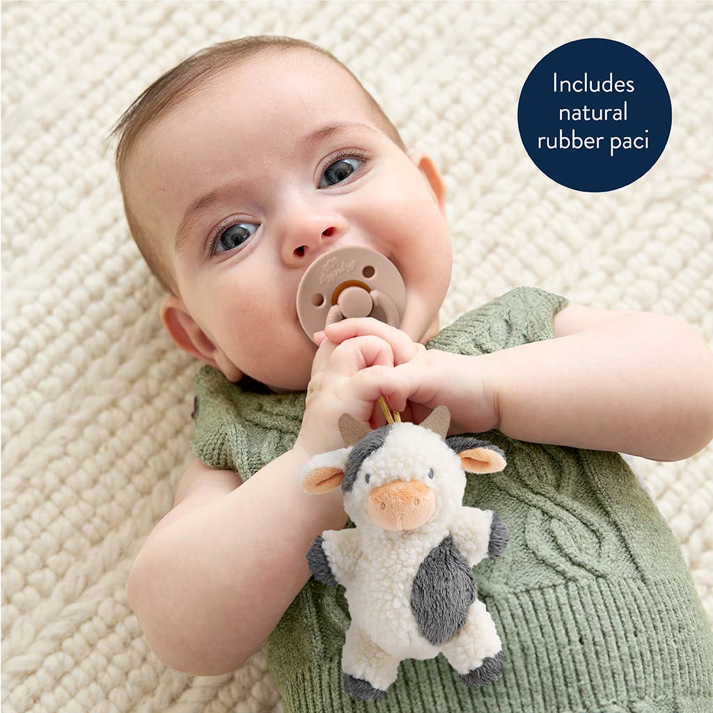 a baby is chewing on a pacifier