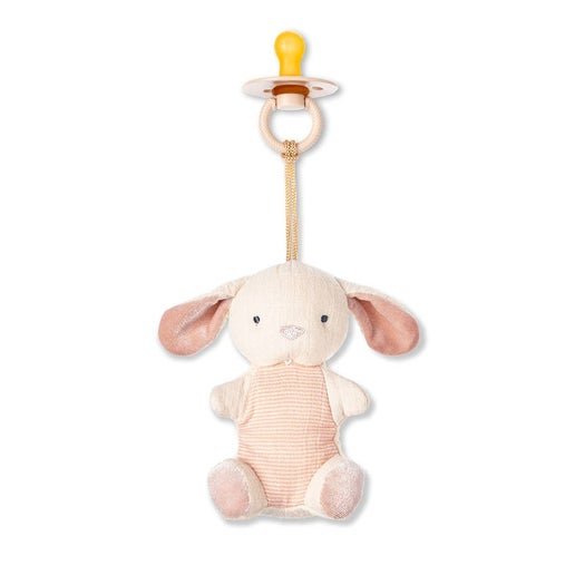 a stuffed bunny hanging from a pacifier