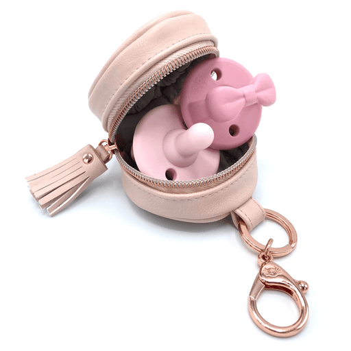 Blush Diaper Bag Charm Pod Keychain with pacifiers in it